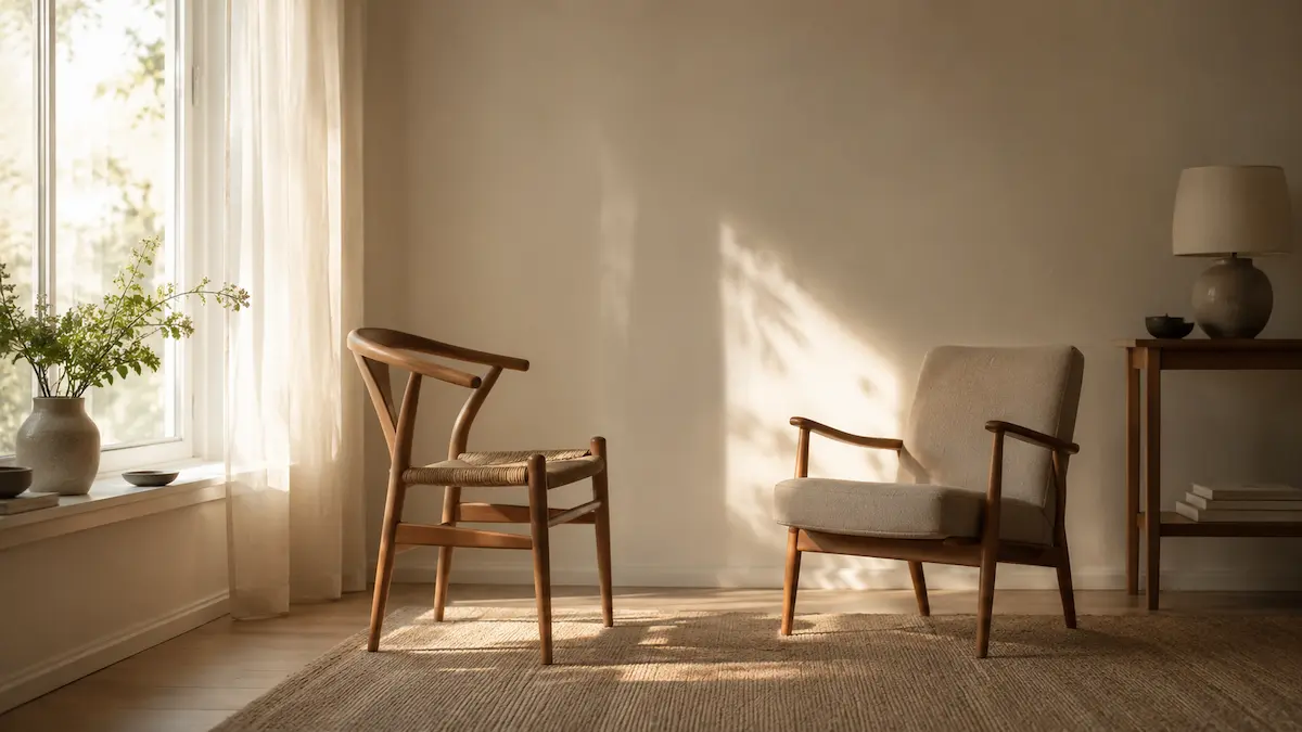 Due sedie vuote, leggermente rivolte l’una verso l’altra, accanto a una finestra. Luce naturale morbida, laterale, del mattino; ambiente essenziale e accogliente; una delle due sedie sembra quasi attendere qualcuno. - Immagine generata con AI