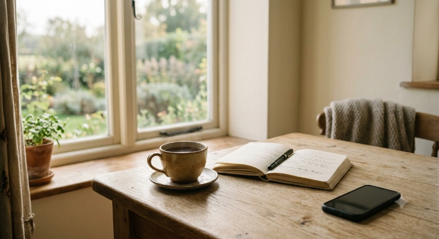 Tazza di tè, quaderno di appunti aperto e finestra su giardino - Immagine generata con AI
