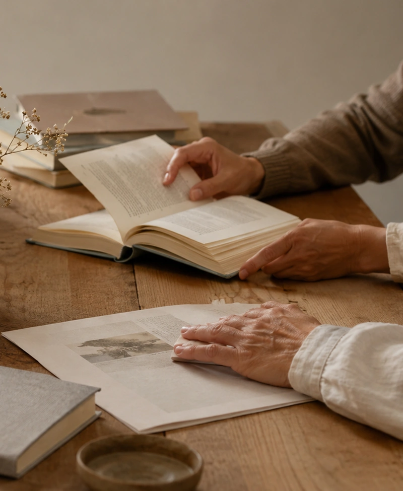 Mani di persone su scrivania in legno che sfogliano libro - Immagine generata con AI