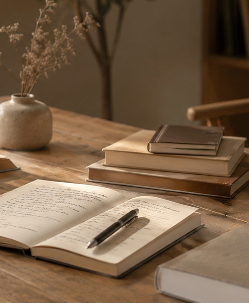 Quaderno di appunti aperto circondato da libri chiusi - Immagine generata con AI