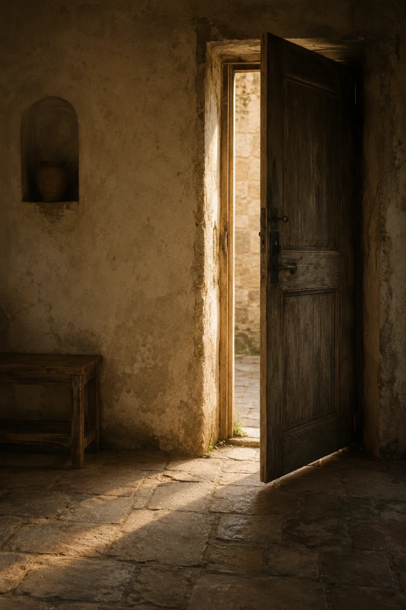 Porta in legno socchiusa con raggi di luce che filtrano nella stanza - Immagine generata con AI