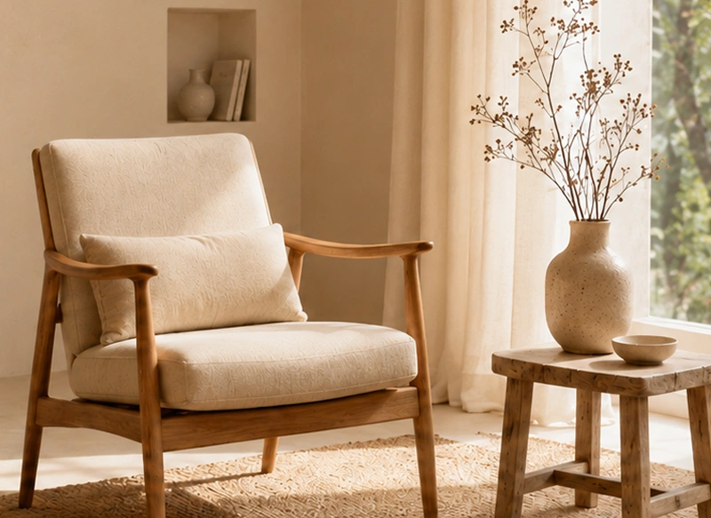 Sedia in legno comoda, vaso di fiori e finestra con luce naturale - Immagine generata con AI