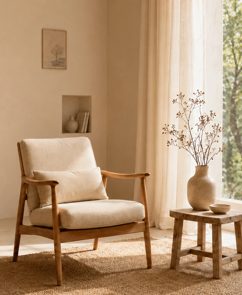 Poltrona comoda vicino a finestra in ambiente luminoso - Immagine generata con AI
