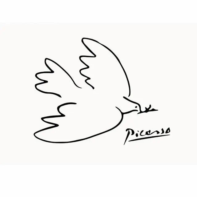 disegno minimalista a linea nera continua su sfondo completamente bianco. È un’opera molto famosa di Pablo Picasso: una colomba (o piccione) vista di profilo. La colomba è raffigurata mentre vola verso destra. L’immagine trasmette un senso di pace, leggerezza e libertà, grazie alla linea elegante e al soggetto simbolico della colomba.