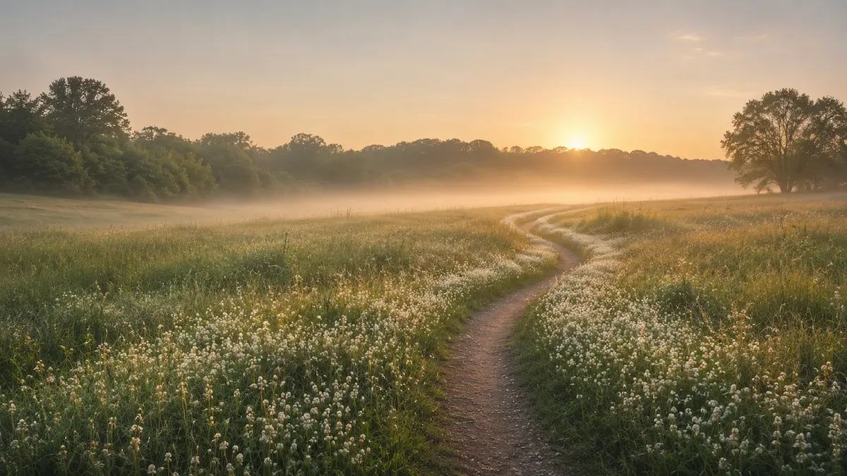 Un sentiero chiaro che attraversa un prato o un giardino, nella luce morbida del mattino - Immagine generata con AI